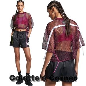 Nike NSP Burgundy Drawstring Mesh Sheer Boxy Crop T-shirt Top